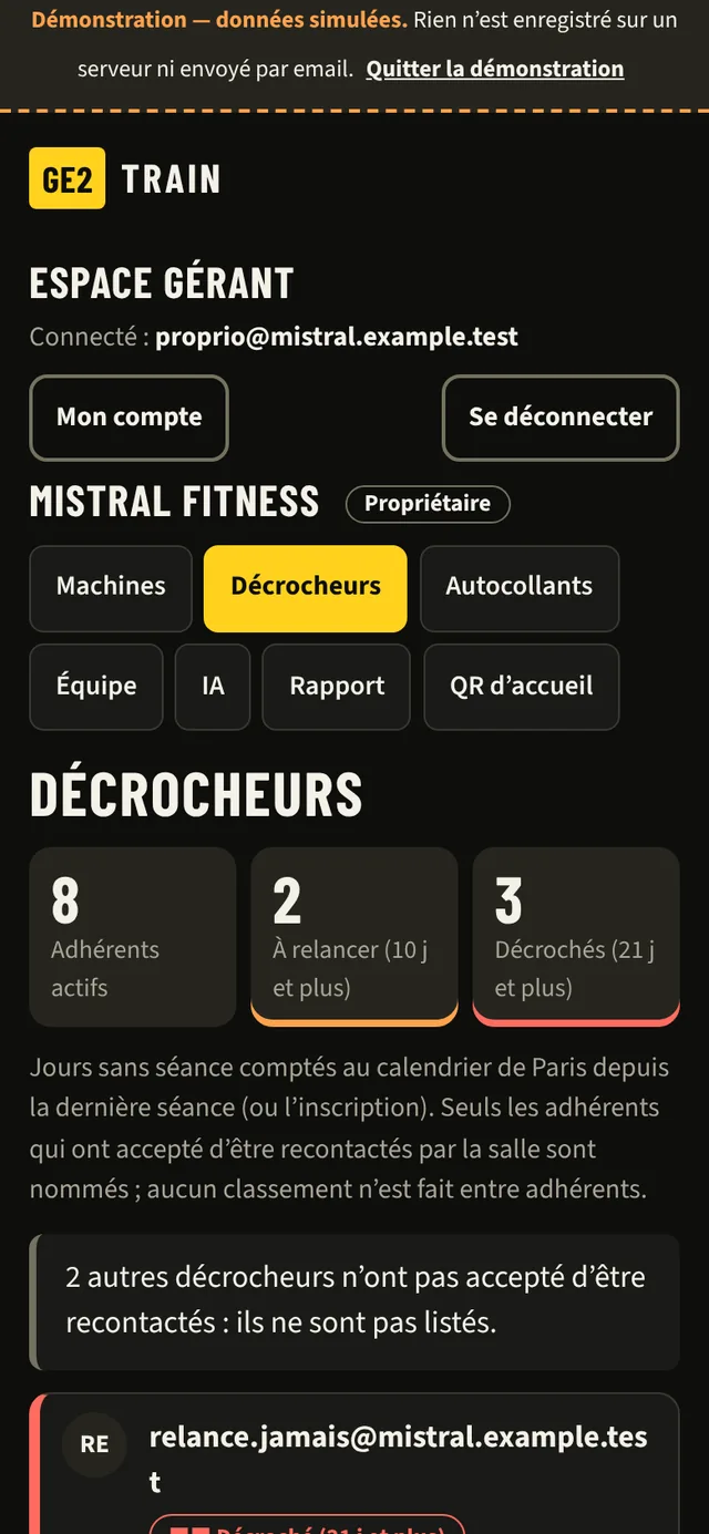Onglet « Décrocheurs » de l'espace gérant : 8 adhérents actifs, 2 à relancer, 3 décrochés, et la mention que 2 autres décrocheurs n'ont pas accepté d'être recontactés.