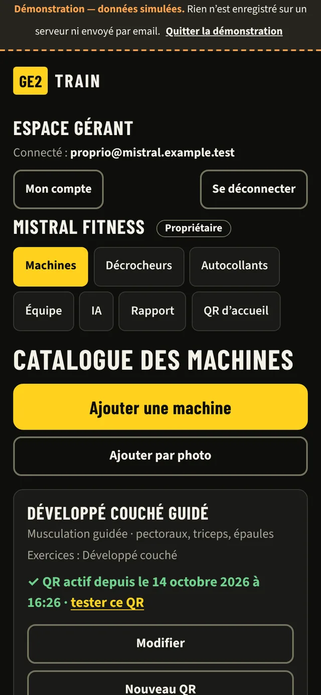 Onglet « Machines » : catalogue avec les boutons « Ajouter une machine » et « Ajouter par photo », et une machine dont le QR est actif.
