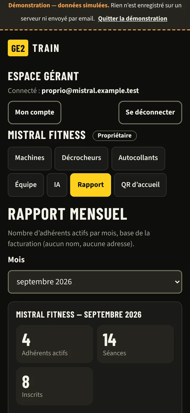 Onglet « Rapport » : rapport mensuel avec le nombre d'adhérents actifs, de séances et d'inscrits du mois.